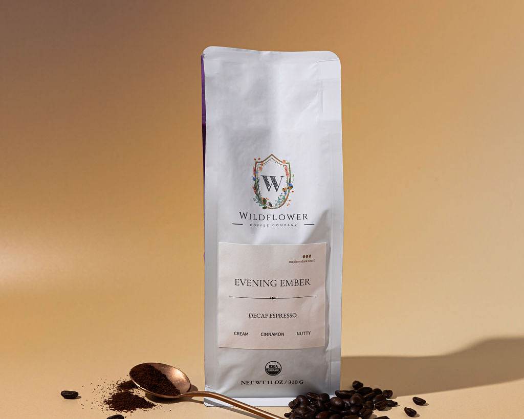 Evening Ember organic decaf espresso - chemical-free specialty roast coffee - Wildflower Coffee Company