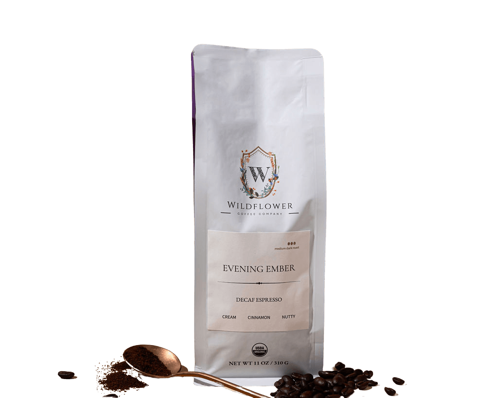 Evening Ember organic decaf espresso - specialty Swiss water process by Wildflower Coffee