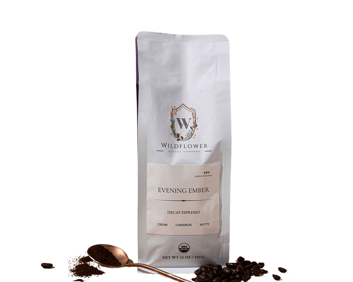 Evening Ember organic decaf espresso - specialty Swiss water process by Wildflower Coffee