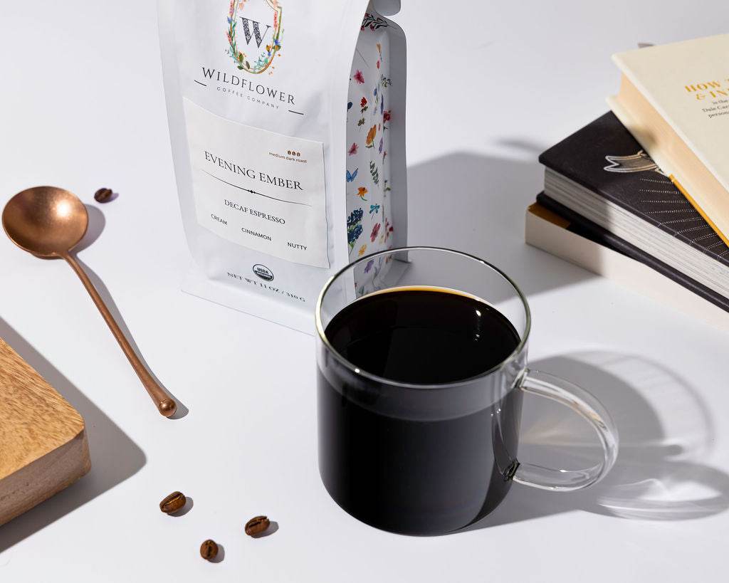 EVENING EMBER | DECAF ESPRESSO - Organic coffee bag and freshly brewed cup - Wildflower Coffee Company